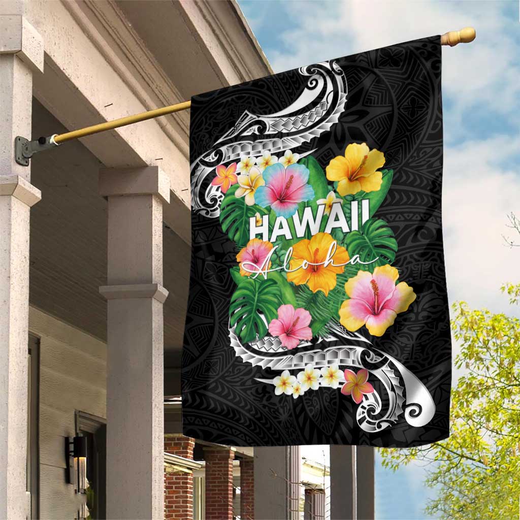 Hawaii Aloha Tropical Leaves and Flower Garden Flag with Polynesian Art Tattoo Black Color - Polynesian Pride