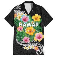 Hawaii Aloha Tropical Leaves and Flower Hawaiian Shirt with Polynesian Art Tattoo Black Color - Polynesian Pride