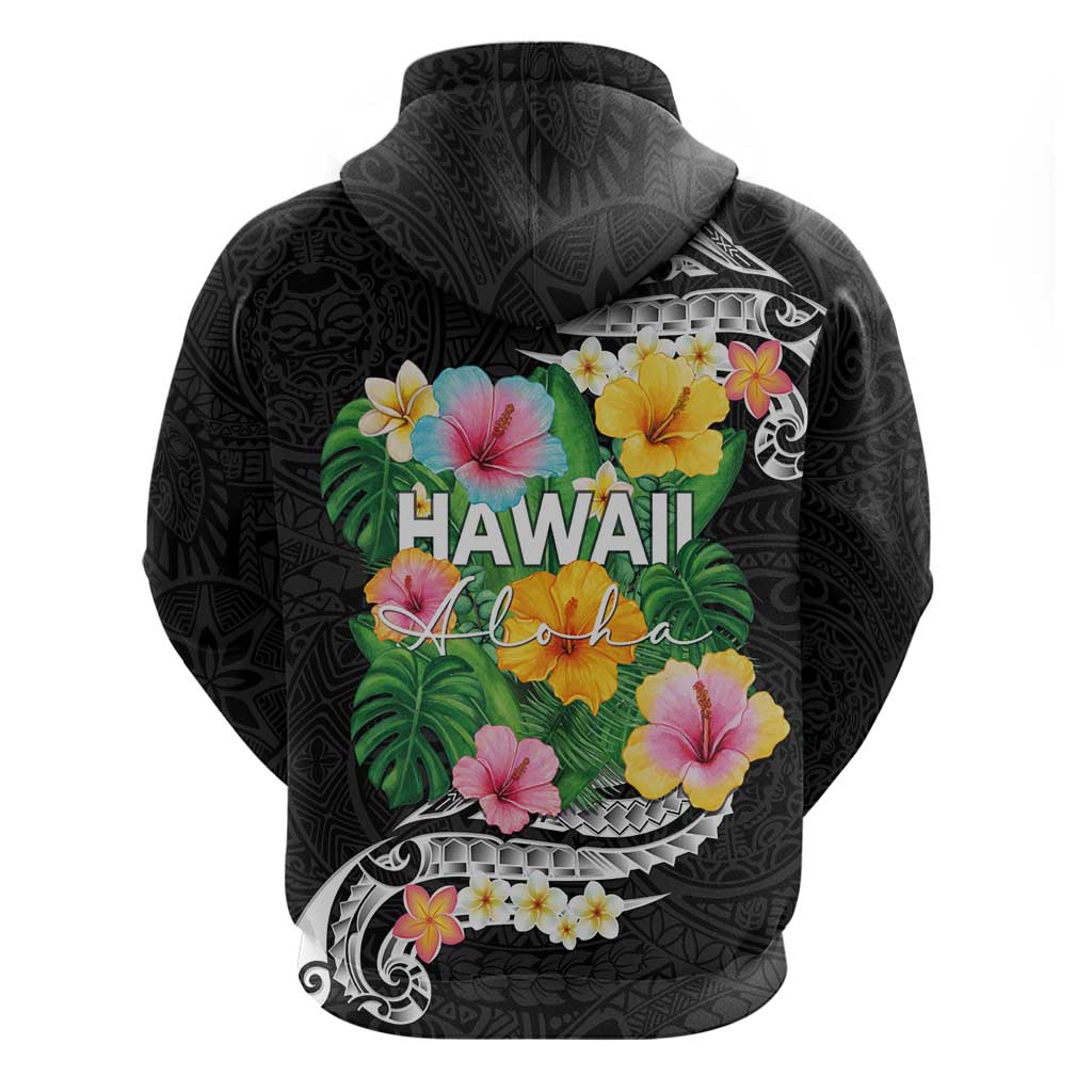 Hawaii Aloha Tropical Leaves and Flower Hoodie with Polynesian Art Tattoo Black Color - Polynesian Pride