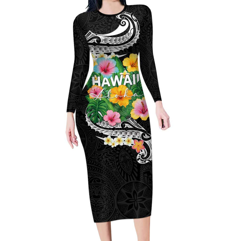 Hawaii Aloha Tropical Leaves and Flower Long Sleeve Bodycon Dress with Polynesian Art Tattoo Black Color - Polynesian Pride