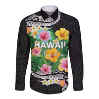 Hawaii Aloha Tropical Leaves and Flower Long Sleeve Button Shirt with Polynesian Art Tattoo Black Color LT03 Unisex Black - Polynesian Pride