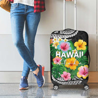 Hawaii Aloha Tropical Leaves and Flower Luggage Cover with Polynesian Art Tattoo Black Color - Polynesian Pride