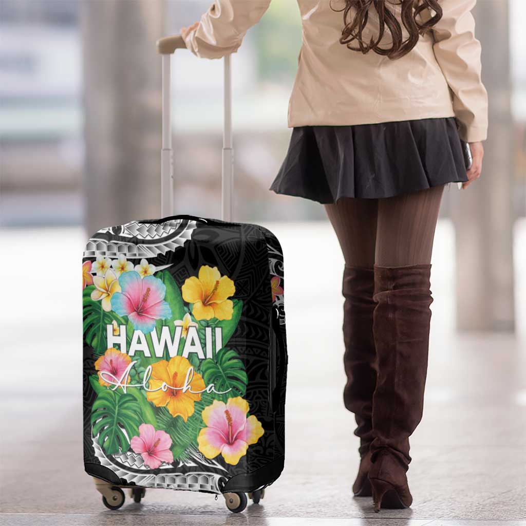 Hawaii Aloha Tropical Leaves and Flower Luggage Cover with Polynesian Art Tattoo Black Color - Polynesian Pride