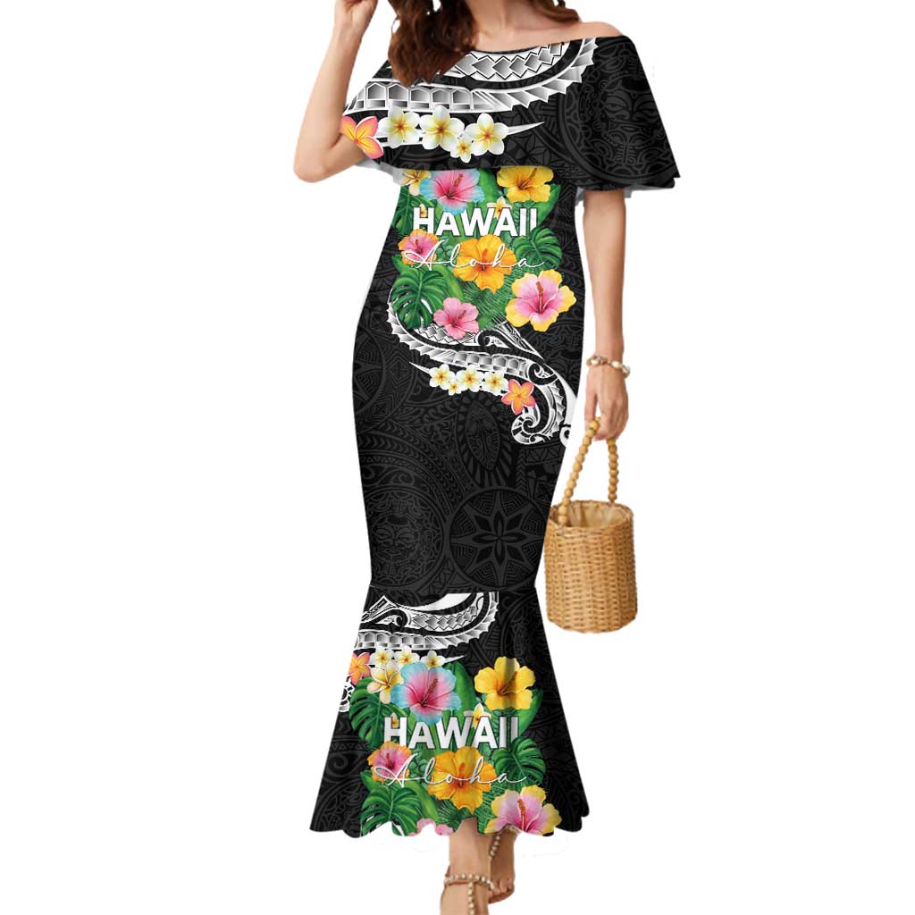Hawaii Aloha Tropical Leaves and Flower Mermaid Dress with Polynesian Art Tattoo Black Color LT03 Women Black - Polynesian Pride