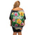 Hawaii Aloha Tropical Leaves and Flower Off Shoulder Short Dress with Polynesian Art Tattoo Black Color - Polynesian Pride