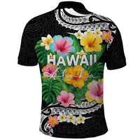 Hawaii Aloha Tropical Leaves and Flower Polo Shirt with Polynesian Art Tattoo Black Color - Polynesian Pride
