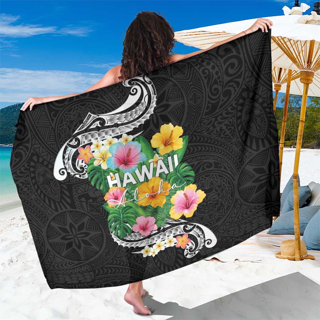 Hawaii Aloha Tropical Leaves and Flower Sarong with Polynesian Art Tattoo Black Color - Polynesian Pride