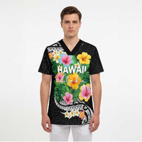 Hawaii Aloha Tropical Leaves and Flower Scrub Top with Polynesian Art Tattoo Black Color - Polynesian Pride
