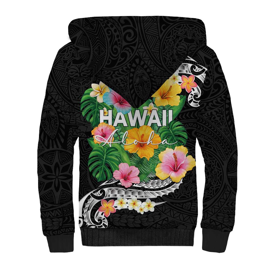 Hawaii Aloha Tropical Leaves and Flower Sherpa Hoodie with Polynesian Art Tattoo Black Color - Polynesian Pride
