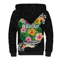Hawaii Aloha Tropical Leaves and Flower Sherpa Hoodie with Polynesian Art Tattoo Black Color - Polynesian Pride