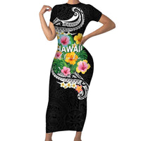 Hawaii Aloha Tropical Leaves and Flower Short Sleeve Bodycon Dress with Polynesian Art Tattoo Black Color LT03 Long Dress Black - Polynesian Pride
