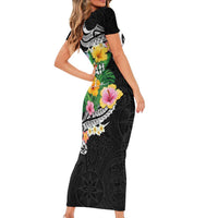 Hawaii Aloha Tropical Leaves and Flower Short Sleeve Bodycon Dress with Polynesian Art Tattoo Black Color LT03 - Polynesian Pride