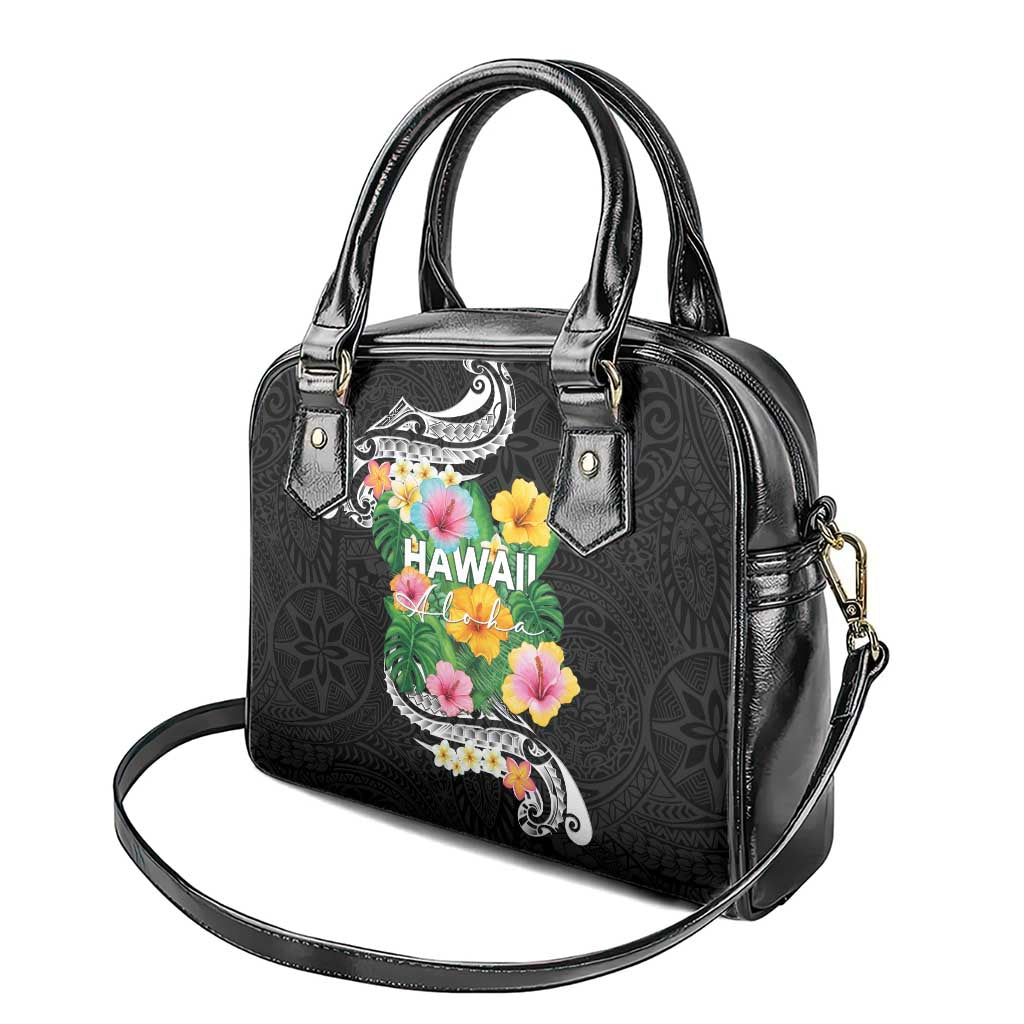 Hawaii Aloha Tropical Leaves and Flower Shoulder Handbag with Polynesian Art Tattoo Black Color - Polynesian Pride