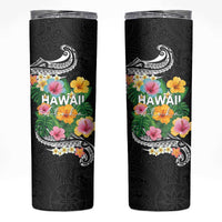 Hawaii Aloha Tropical Leaves and Flower Skinny Tumbler with Polynesian Art Tattoo Black Color - Polynesian Pride