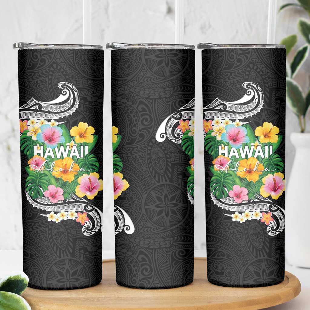 Hawaii Aloha Tropical Leaves and Flower Skinny Tumbler with Polynesian Art Tattoo Black Color - Polynesian Pride