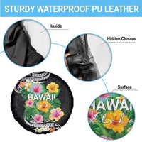 Hawaii Aloha Tropical Leaves and Flower Spare Tire Cover with Polynesian Art Tattoo Black Color - Polynesian Pride