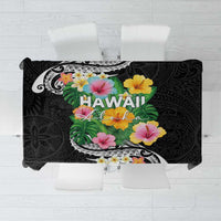 Hawaii Aloha Tropical Leaves and Flower Tablecloth with Polynesian Art Tattoo Black Color - Polynesian Pride