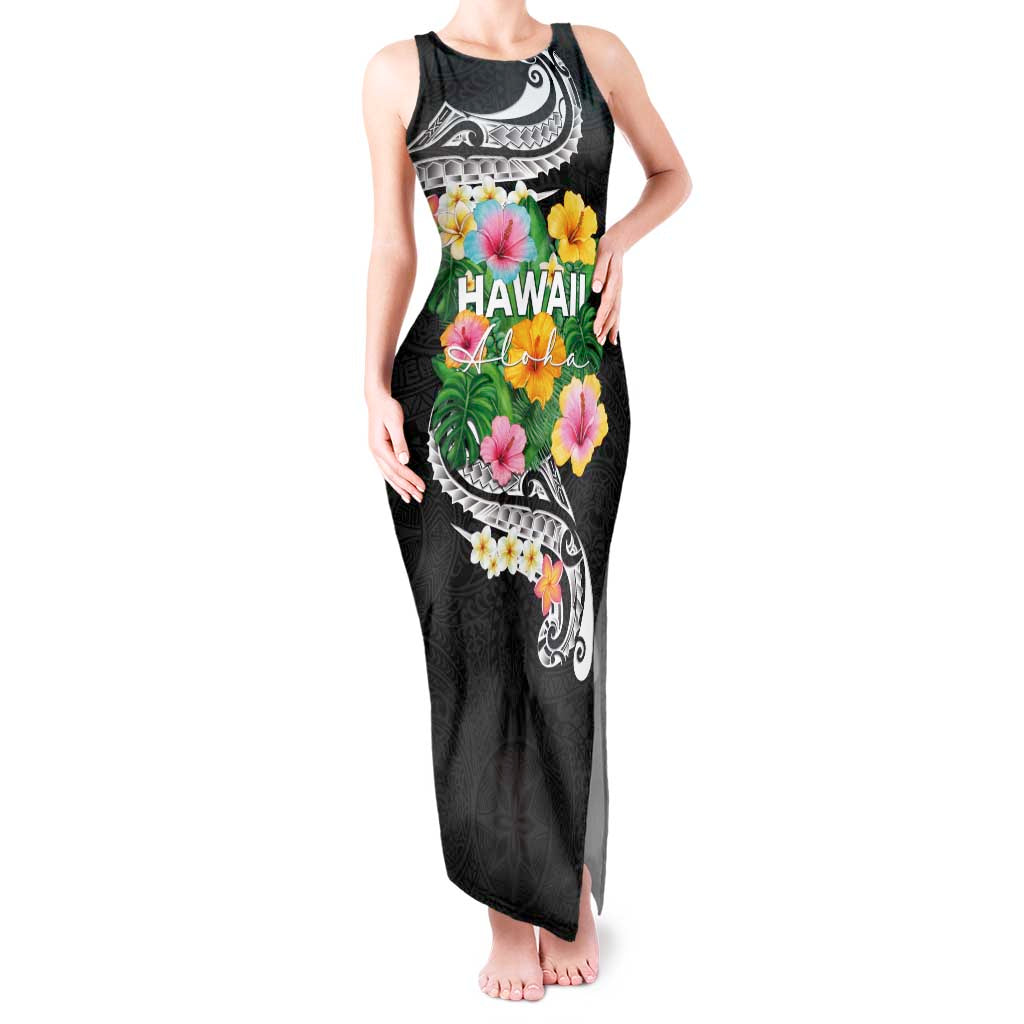 Hawaii Aloha Tropical Leaves and Flower Tank Maxi Dress with Polynesian Art Tattoo Black Color - Polynesian Pride