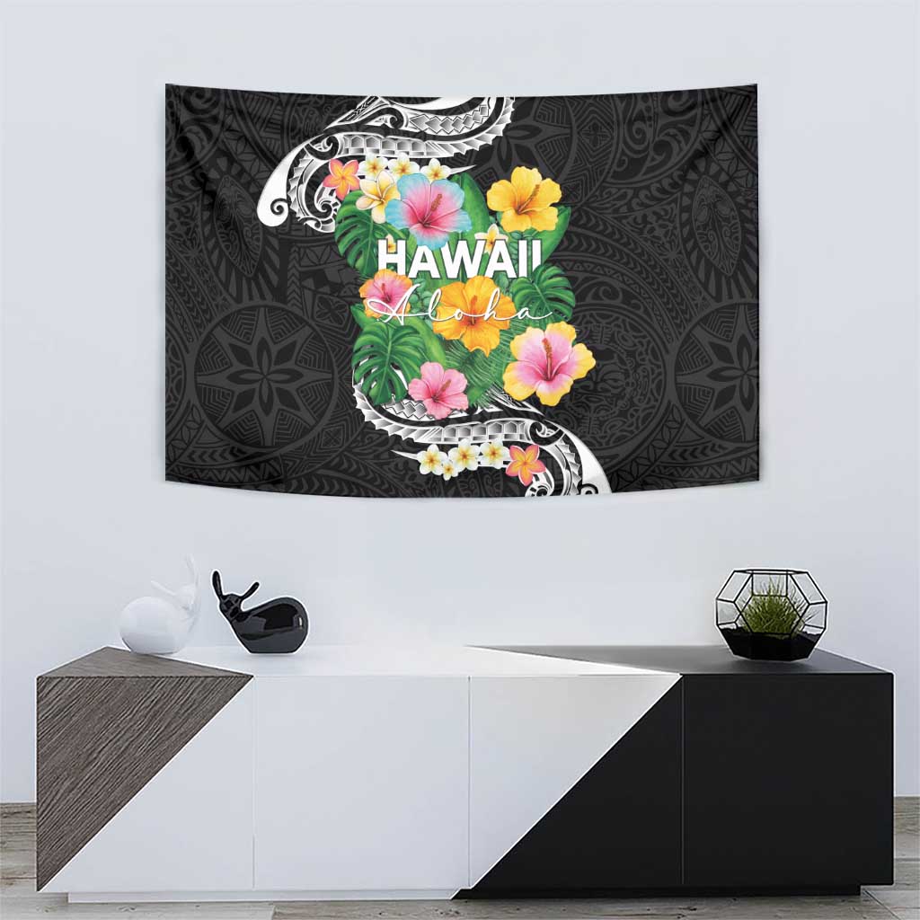 Hawaii Aloha Tropical Leaves and Flower Tapestry with Polynesian Art Tattoo Black Color - Polynesian Pride