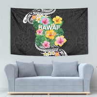 Hawaii Aloha Tropical Leaves and Flower Tapestry with Polynesian Art Tattoo Black Color - Polynesian Pride