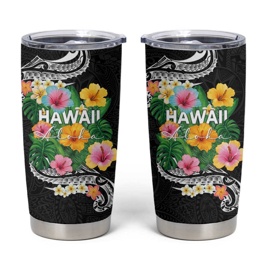 Hawaii Aloha Tropical Leaves and Flower Tumbler Cup with Polynesian Art Tattoo Black Color - Polynesian Pride