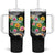 Hawaii Aloha Tropical Leaves and Flower Tumbler With Handle with Polynesian Art Tattoo Black Color - Polynesian Pride