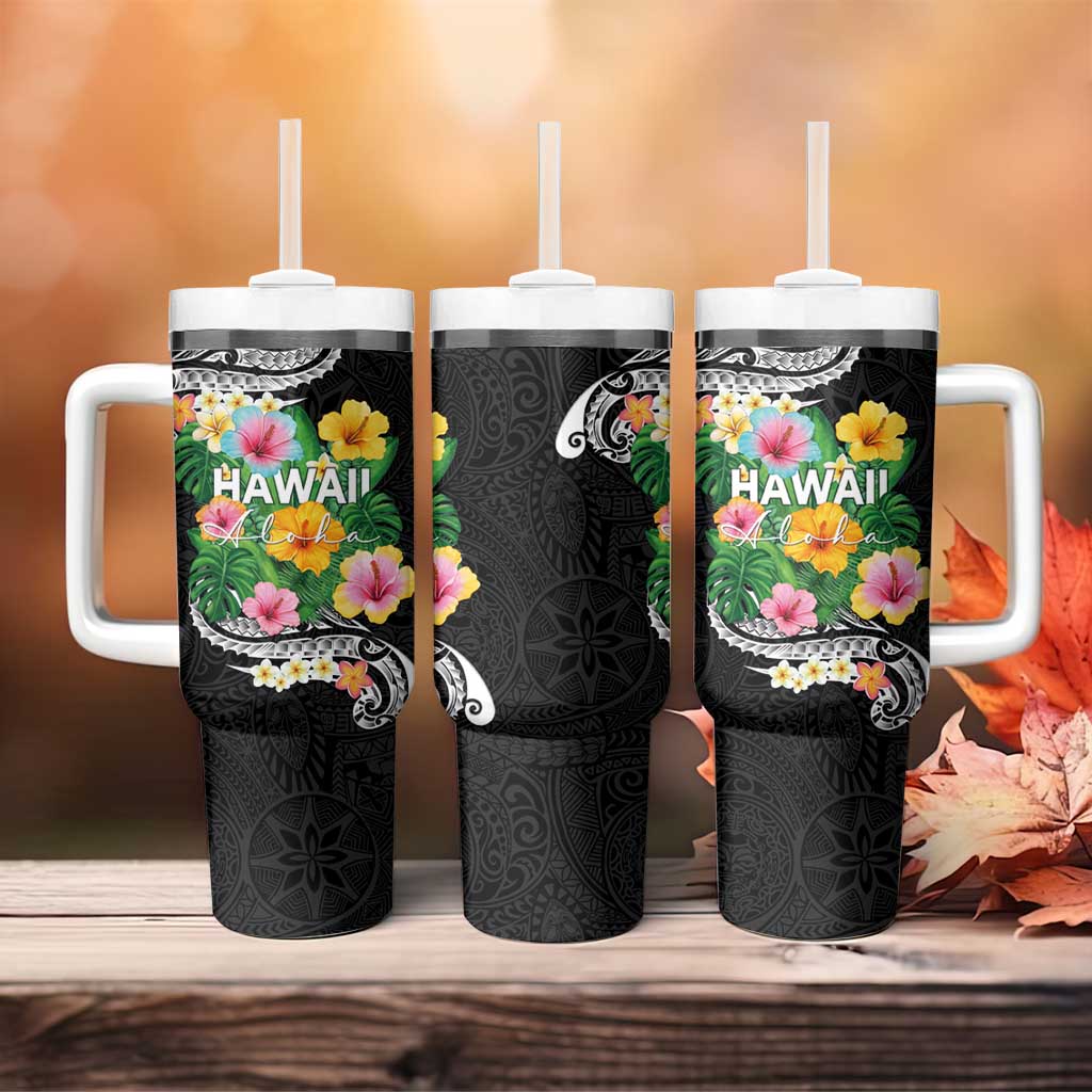 Hawaii Aloha Tropical Leaves and Flower Tumbler With Handle with Polynesian Art Tattoo Black Color - Polynesian Pride