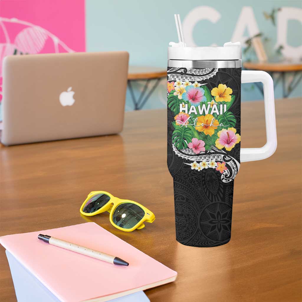 Hawaii Aloha Tropical Leaves and Flower Tumbler With Handle with Polynesian Art Tattoo Black Color - Polynesian Pride