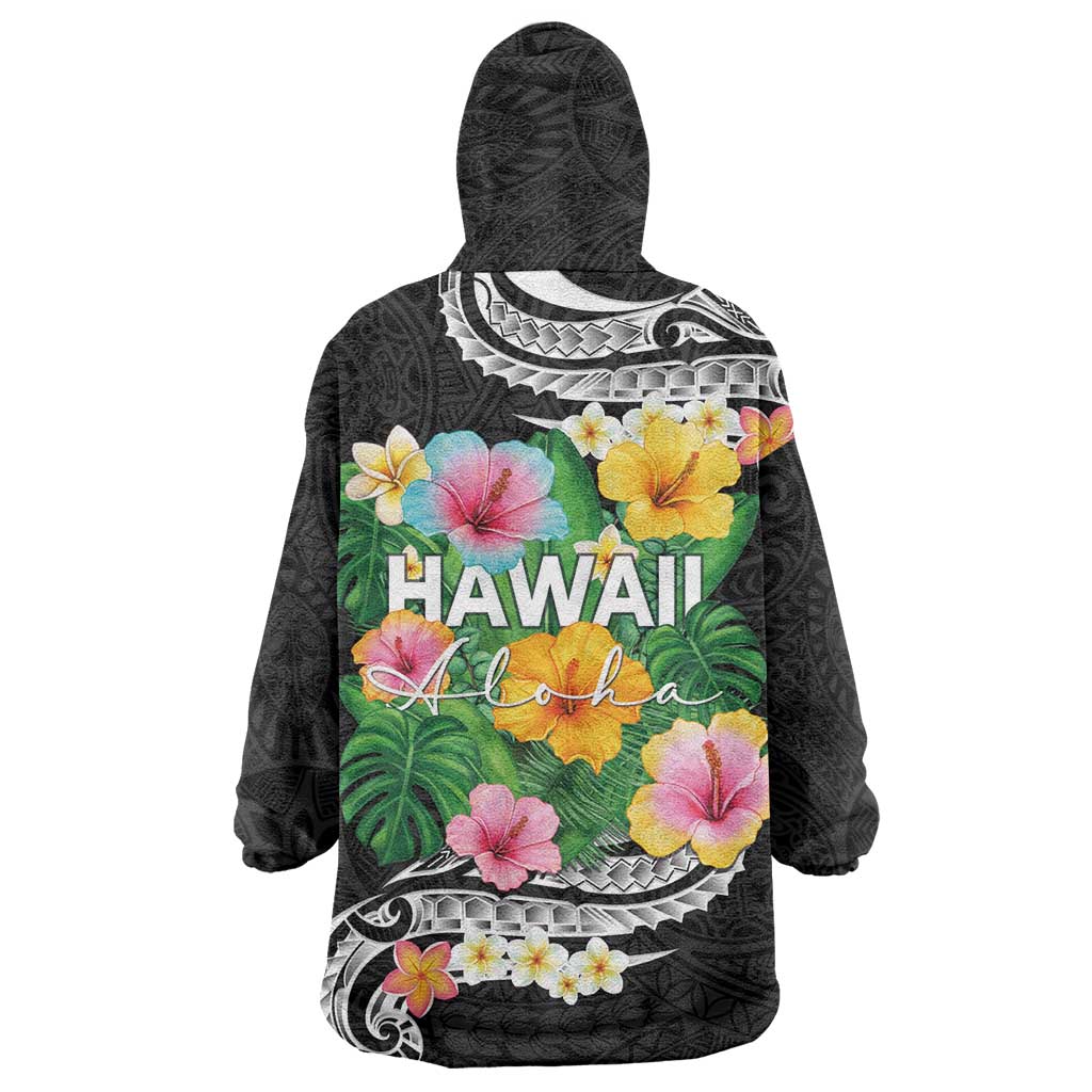Hawaii Aloha Tropical Leaves and Flower Wearable Blanket Hoodie with Polynesian Art Tattoo Black Color LT03 - Polynesian Pride