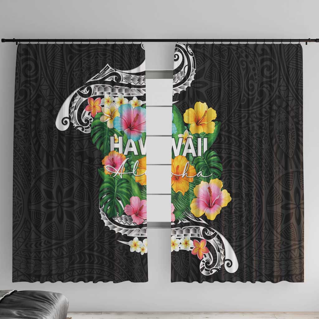 Hawaii Aloha Tropical Leaves and Flower Window Curtain with Polynesian Art Tattoo Black Color - Polynesian Pride