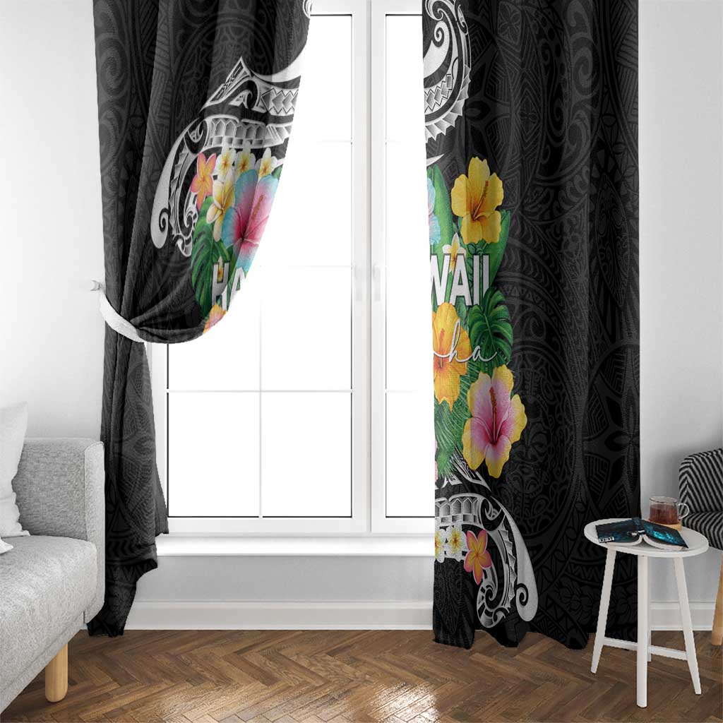 Hawaii Aloha Tropical Leaves and Flower Window Curtain with Polynesian Art Tattoo Black Color - Polynesian Pride