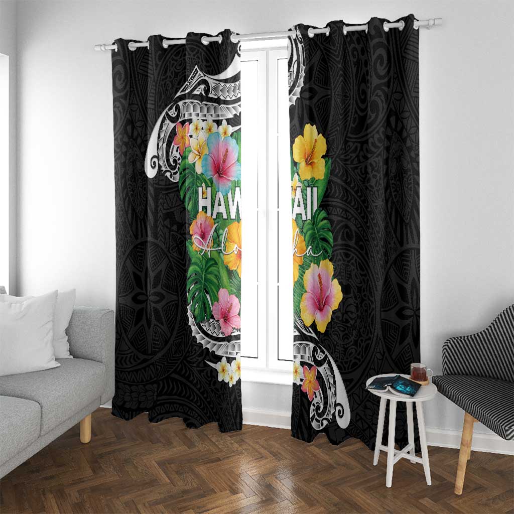 Hawaii Aloha Tropical Leaves and Flower Window Curtain with Polynesian Art Tattoo Black Color - Polynesian Pride