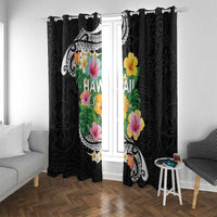 Hawaii Aloha Tropical Leaves and Flower Window Curtain with Polynesian Art Tattoo Black Color - Polynesian Pride