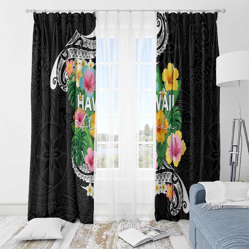 Hawaii Aloha Tropical Leaves and Flower Window Curtain with Polynesian Art Tattoo Black Color - Polynesian Pride