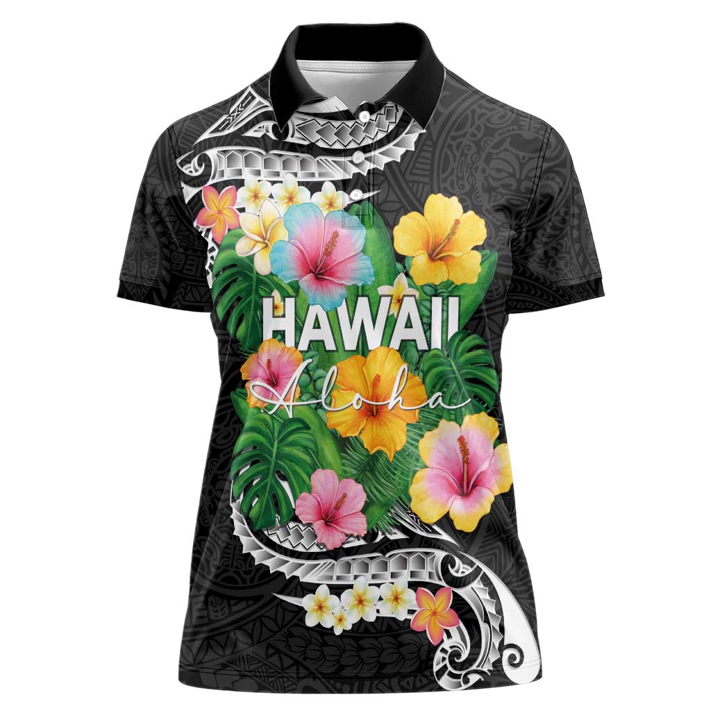 Hawaii Aloha Tropical Leaves and Flower Women Polo Shirt with Polynesian Art Tattoo Black Color LT03 Female Black - Polynesian Pride