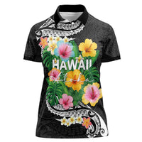 Hawaii Aloha Tropical Leaves and Flower Women Polo Shirt with Polynesian Art Tattoo Black Color LT03 Female Black - Polynesian Pride