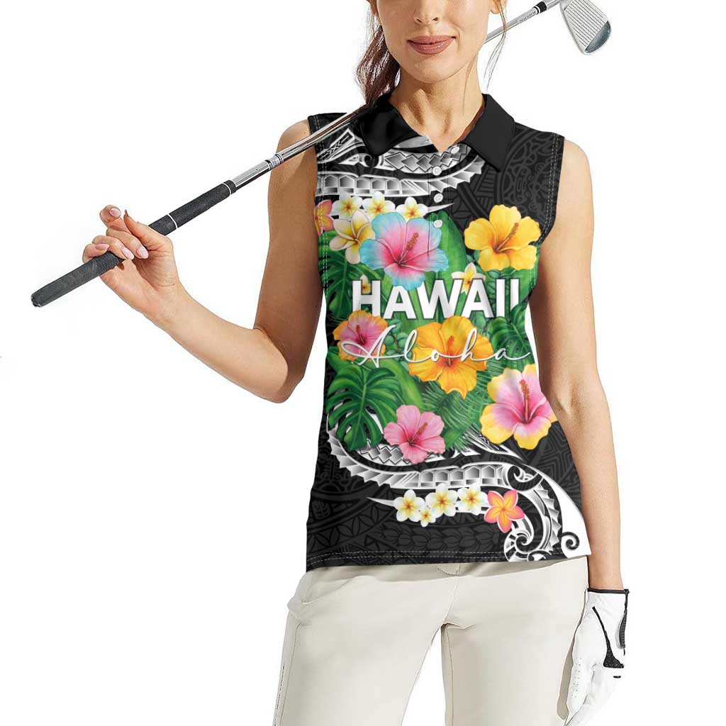 Hawaii Aloha Tropical Leaves and Flower Women Sleeveless Polo Shirt with Polynesian Art Tattoo Black Color LT03 - Polynesian Pride