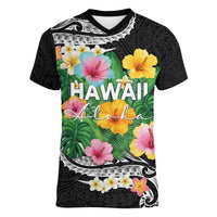 Hawaii Aloha Tropical Leaves and Flower Women V-Neck T-Shirt with Polynesian Art Tattoo Black Color LT03 Female Black - Polynesian Pride
