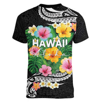 Hawaii Aloha Tropical Leaves and Flower Women V-Neck T-Shirt with Polynesian Art Tattoo Black Color LT03 - Polynesian Pride