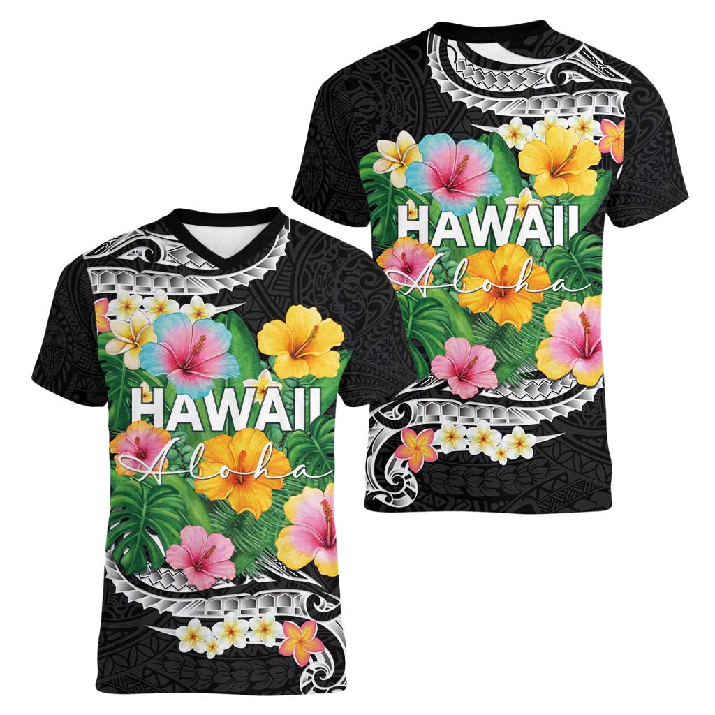 Hawaii Aloha Tropical Leaves and Flower Women V-Neck T-Shirt with Polynesian Art Tattoo Black Color LT03 - Polynesian Pride