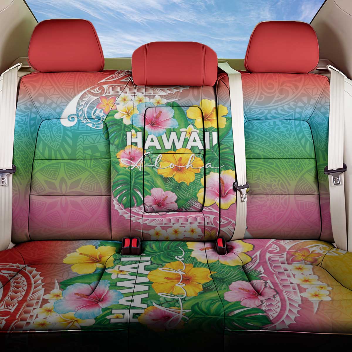 Hawaii Aloha Tropical Leaves and Flower Back Car Seat Cover with Polynesian Art Tattoo Rainbow Color - Polynesian Pride