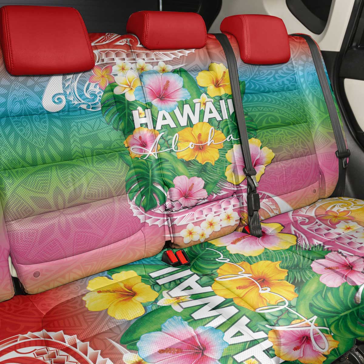 Hawaii Aloha Tropical Leaves and Flower Back Car Seat Cover with Polynesian Art Tattoo Rainbow Color - Polynesian Pride