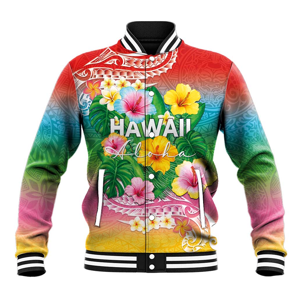 Hawaii Aloha Tropical Leaves and Flower Baseball Jacket with Polynesian Art Tattoo Rainbow Color - Polynesian Pride