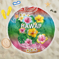 Hawaii Aloha Tropical Leaves and Flower Beach Blanket with Polynesian Art Tattoo Rainbow Color - Polynesian Pride