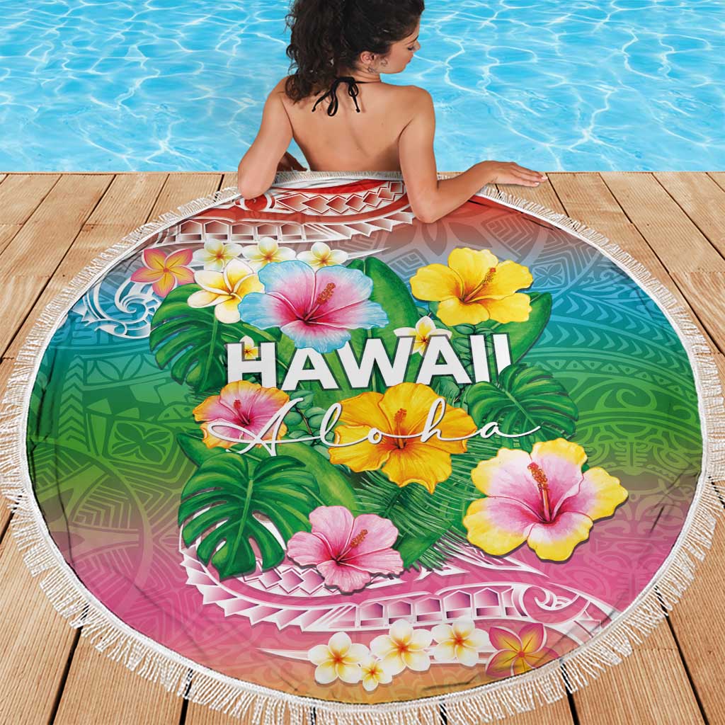 Hawaii Aloha Tropical Leaves and Flower Beach Blanket with Polynesian Art Tattoo Rainbow Color - Polynesian Pride