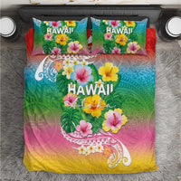 Hawaii Aloha Tropical Leaves and Flower Bedding Set with Polynesian Art Tattoo Rainbow Color - Polynesian Pride