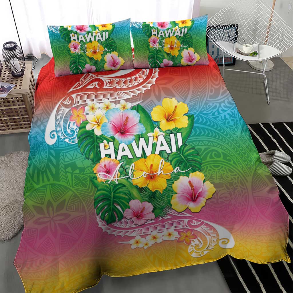 Hawaii Aloha Tropical Leaves and Flower Bedding Set with Polynesian Art Tattoo Rainbow Color - Polynesian Pride