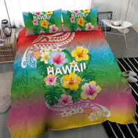 Hawaii Aloha Tropical Leaves and Flower Bedding Set with Polynesian Art Tattoo Rainbow Color - Polynesian Pride