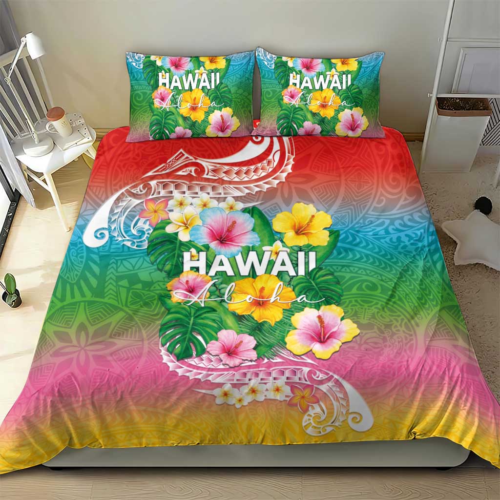 Hawaii Aloha Tropical Leaves and Flower Bedding Set with Polynesian Art Tattoo Rainbow Color - Polynesian Pride