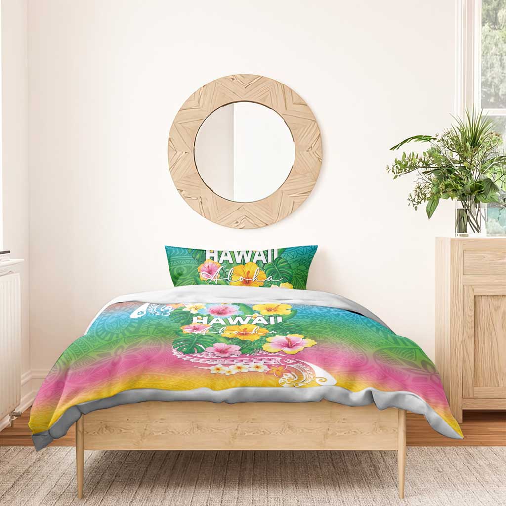 Hawaii Aloha Tropical Leaves and Flower Bedding Set with Polynesian Art Tattoo Rainbow Color - Polynesian Pride
